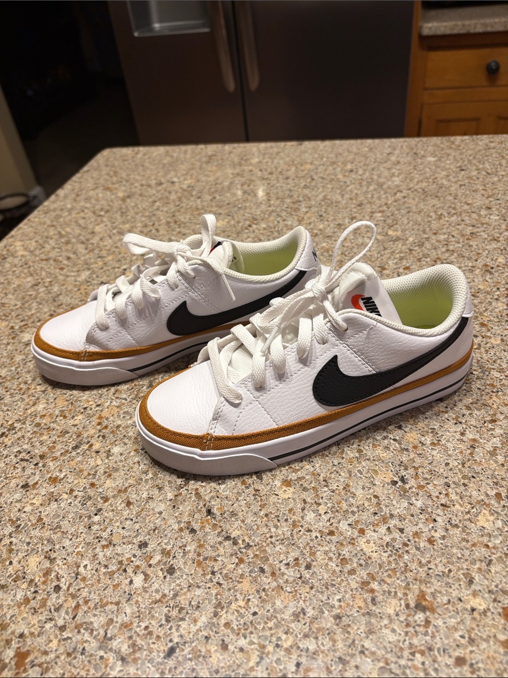 Nike Women’s Court Legacy White Sneakers with Black Swoosh and Brown Trim